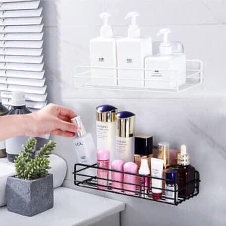 Kệ chữ nhật bằng sắt sơn tĩnh điện để đồ dùng nhà tắm, nhà bếp đa năng, thiết kế lỗ thoát nước thông thoáng, chống ẩm mốc, kèm miếng dính (Không cần khoan đục)