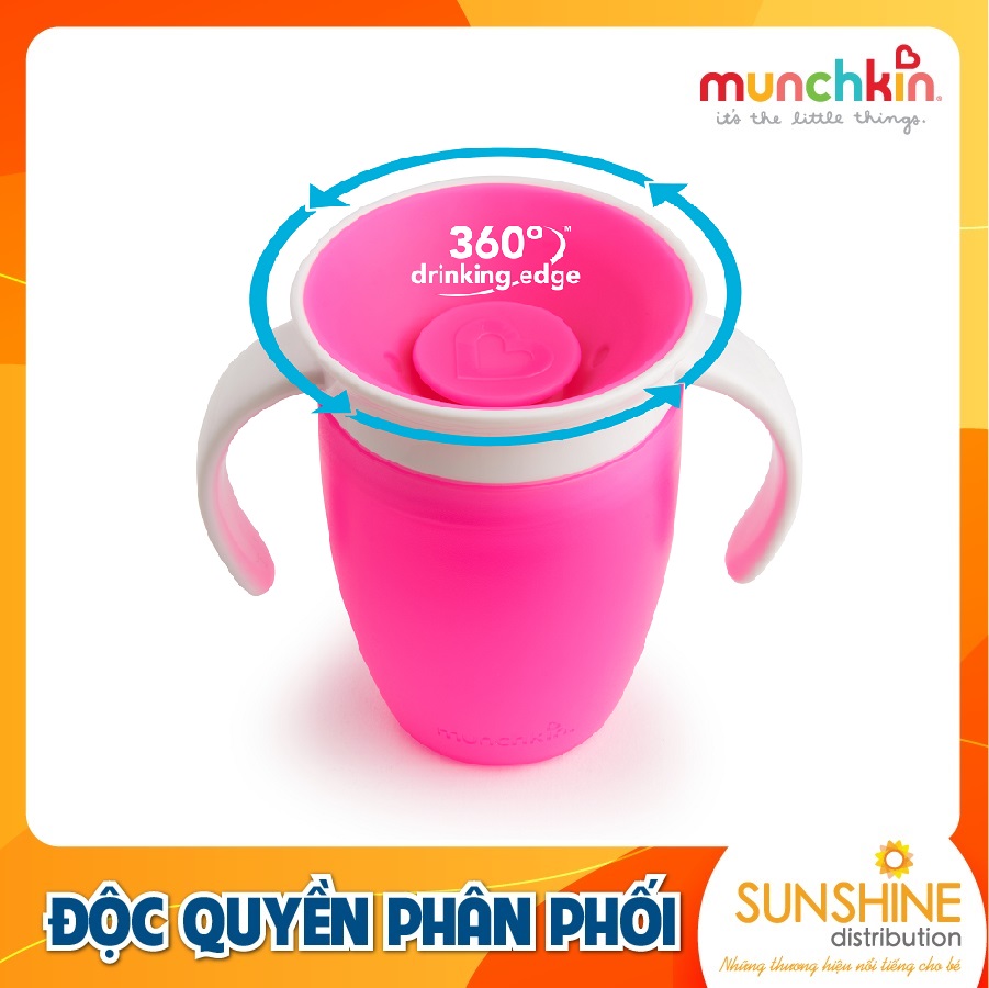 CỐC TẬP UỐNG 360 ĐỘ CHỐNG ĐỔ MUNCHKIN CÓ NẮP (207ML-HỒNG)