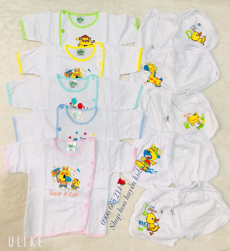 Combo 5 bộ quần áo sơ sinh Ngắn tay kiểu cúc lệch thun 100% cotton Bosini 0-9kg