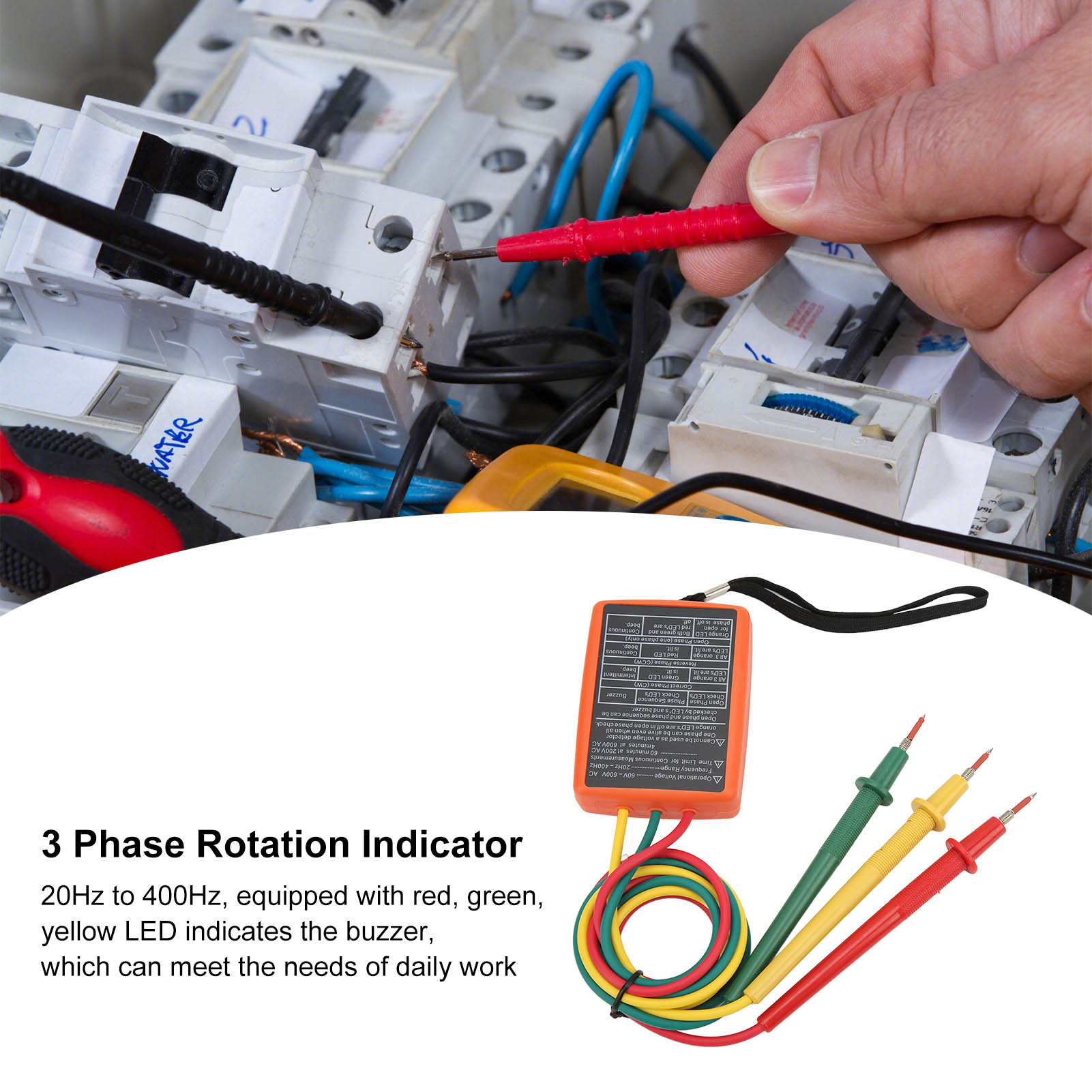 3 Phase Rotation Tester Meter for Electricity Testing Tool AC 60~600V 20Hz~400Hz
