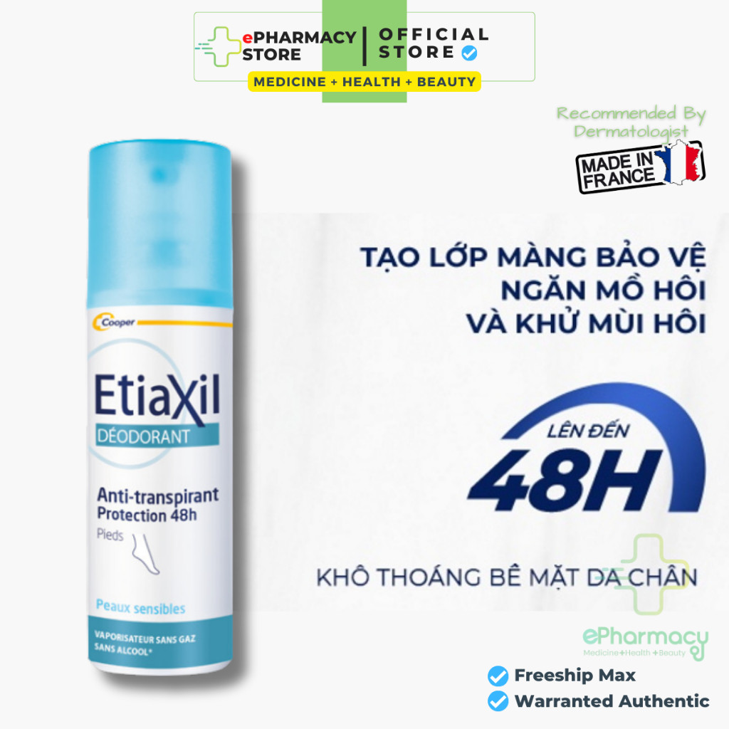 Xịt khử mùi chân Etiaxil Khử mùi, ngăn ngừa mồ hôi chân - Etiaxil Déodorant Anti-Transpirant 48h Pieds 100ml