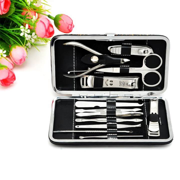 Bộ Kiềm Cắt Forbic, Bấm Móng Tay, Lấy Ráy Tai, Que Nặn Mụn, Kéo Tỉa Lông Mày Inox 12 Món Full Box Hộp Da Sang Trọng