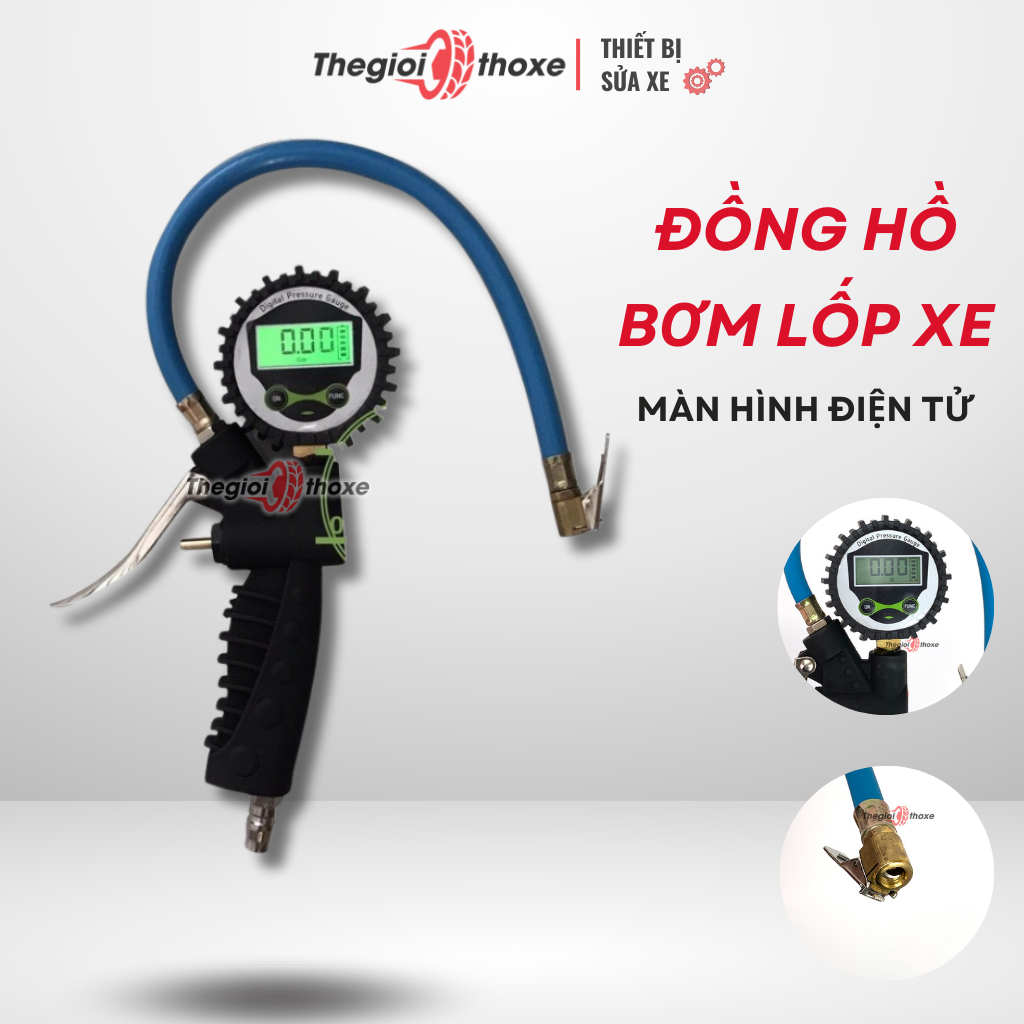 Tay bơm lốp có đồng hồ điện tử (hiển thị số), cho ô tô, xe máy, xe đạp  | Thế Giới Thợ Xe
