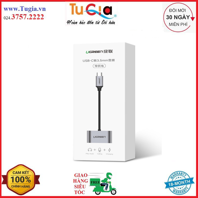 Cáp usb type-c to 1 cổng audio 3.5, 1 cổng sạc type ugreen -50596 hàng chính hãng