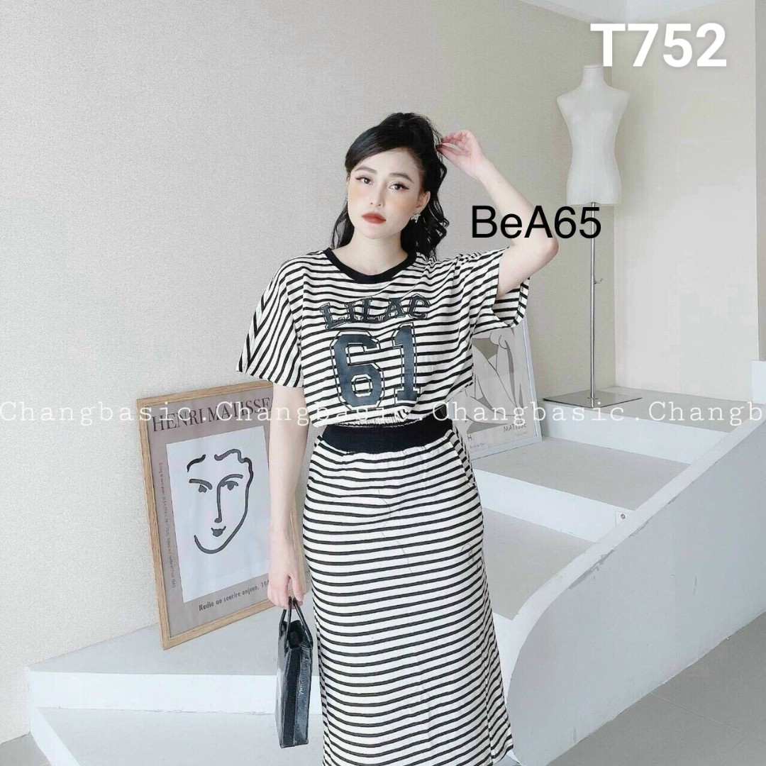 Set áo tay ngắn váy sọc caro in 61 siêu xinh T752
