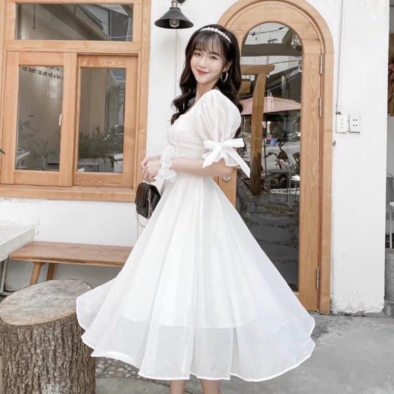 Đầm cổ vuông tay nơ 2 màu