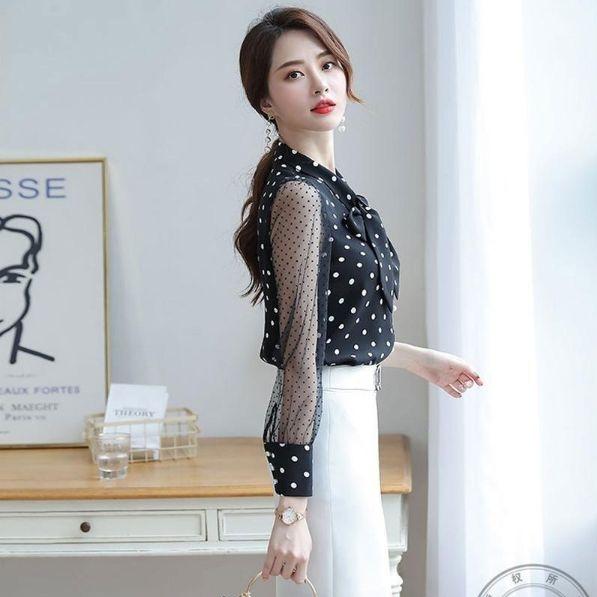 [HCM]ÁO SƠ MI CÔNG SỞ NỮ CHẤM BI TAY PHỐI LƯỚI CAO CẤP