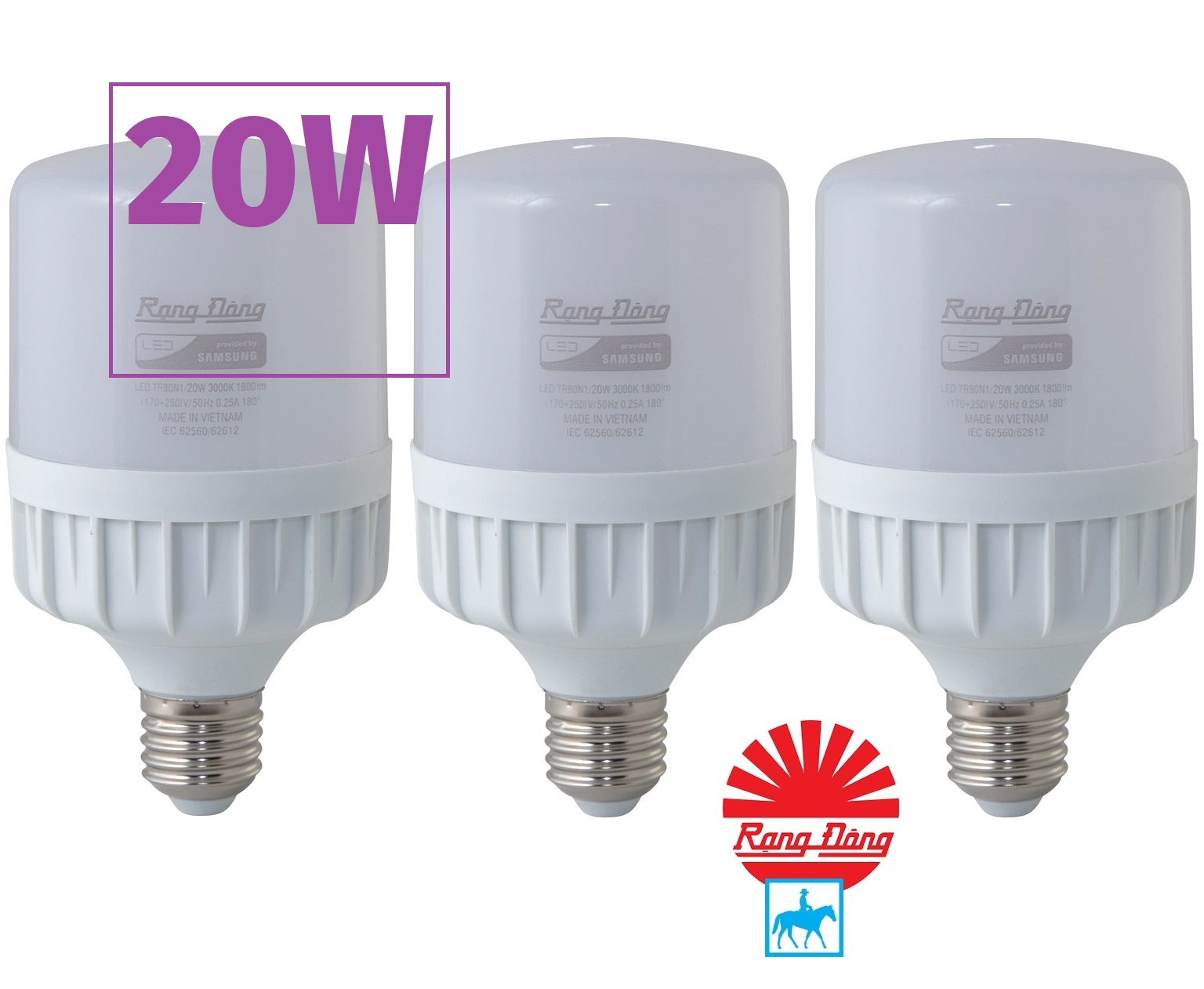 Bộ 3 bóng đèn led bulb trụ 20w rạng đông chip led samsung áng sáng trắng