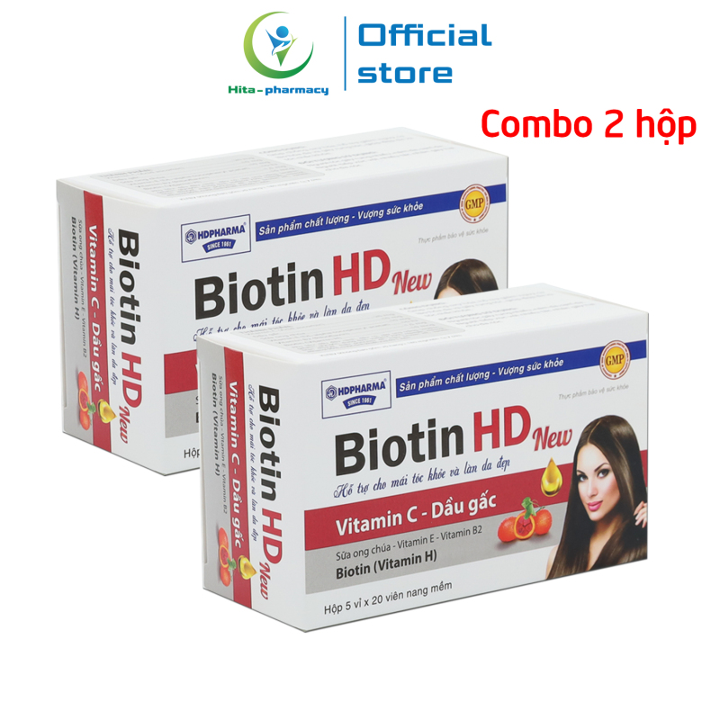 Combo 2 hộp Viên uống Biotin HD New, vitamin C, dầu gấc, vitamin B giúp khỏe tóc, đẹp da, giảm rụng tóc, chống lão hóa - Hộp 100 viên cao cấp