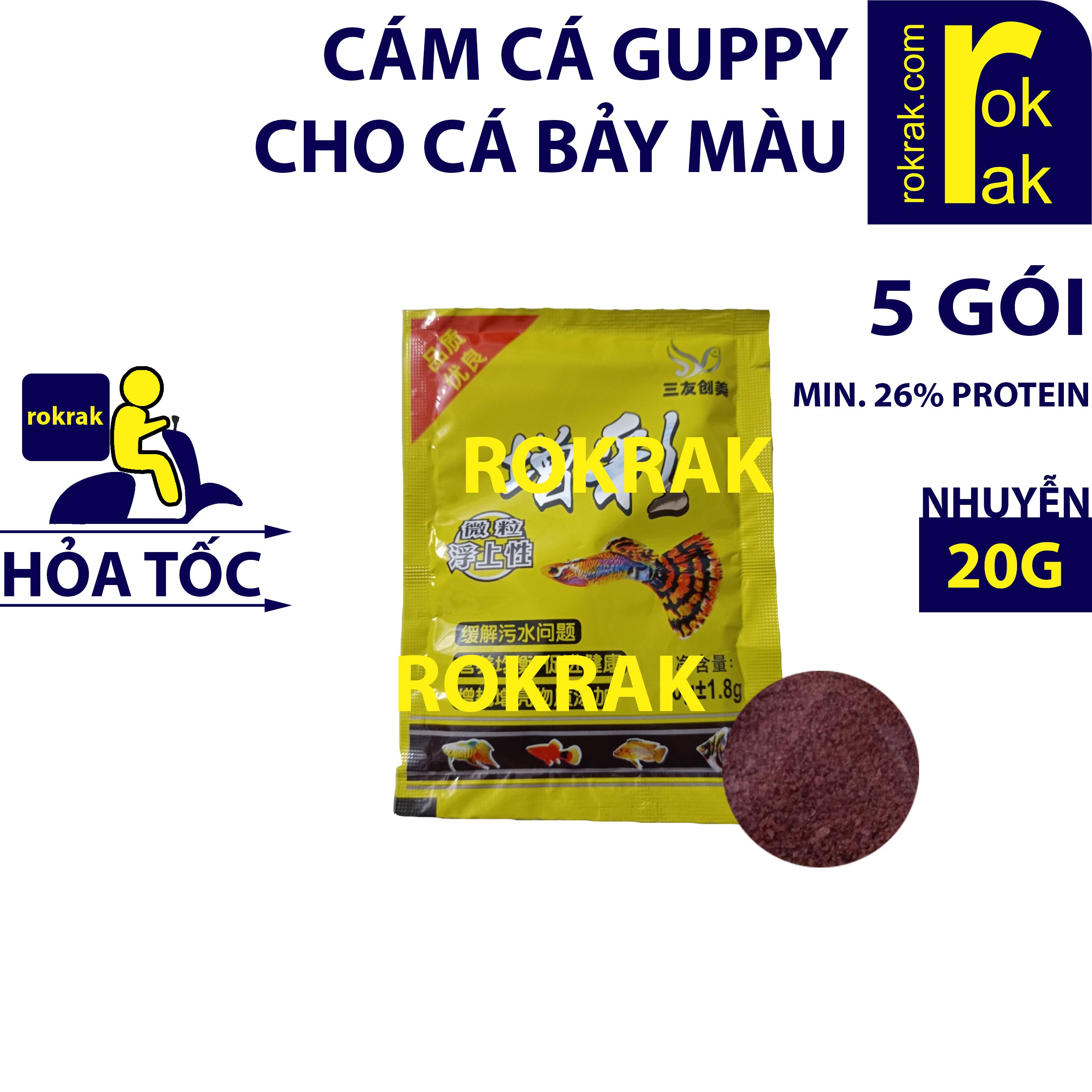 Combo 5 gói Thức ăn cho cá Cám cá 7 màu Guppy gói VÀNG 20g TỔNG 100G