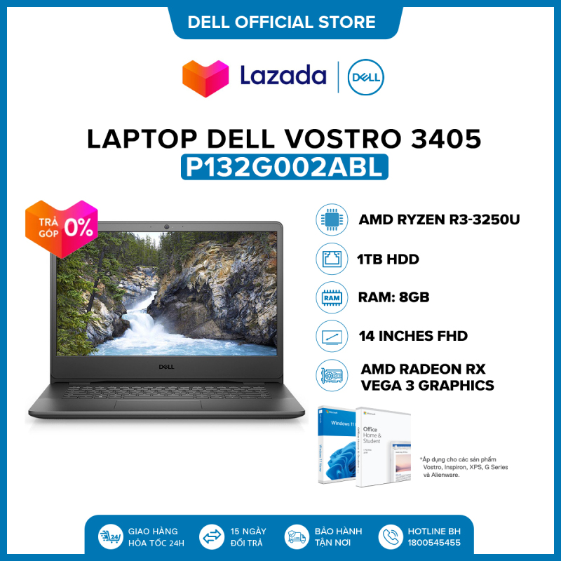 Laptop Dell Vostro 3405 14 inches FHD (AMD Ryzen R3-3250U / 8GB / 1TB HDD / AMD Radeon RX Vega 3 Graphics / Office Home & Student 2021 / Win 11 Home) l Black l P132G002ABL