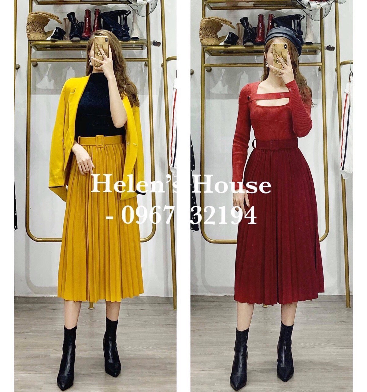 Chân váy xếp ly dáng dài -  kèm đai