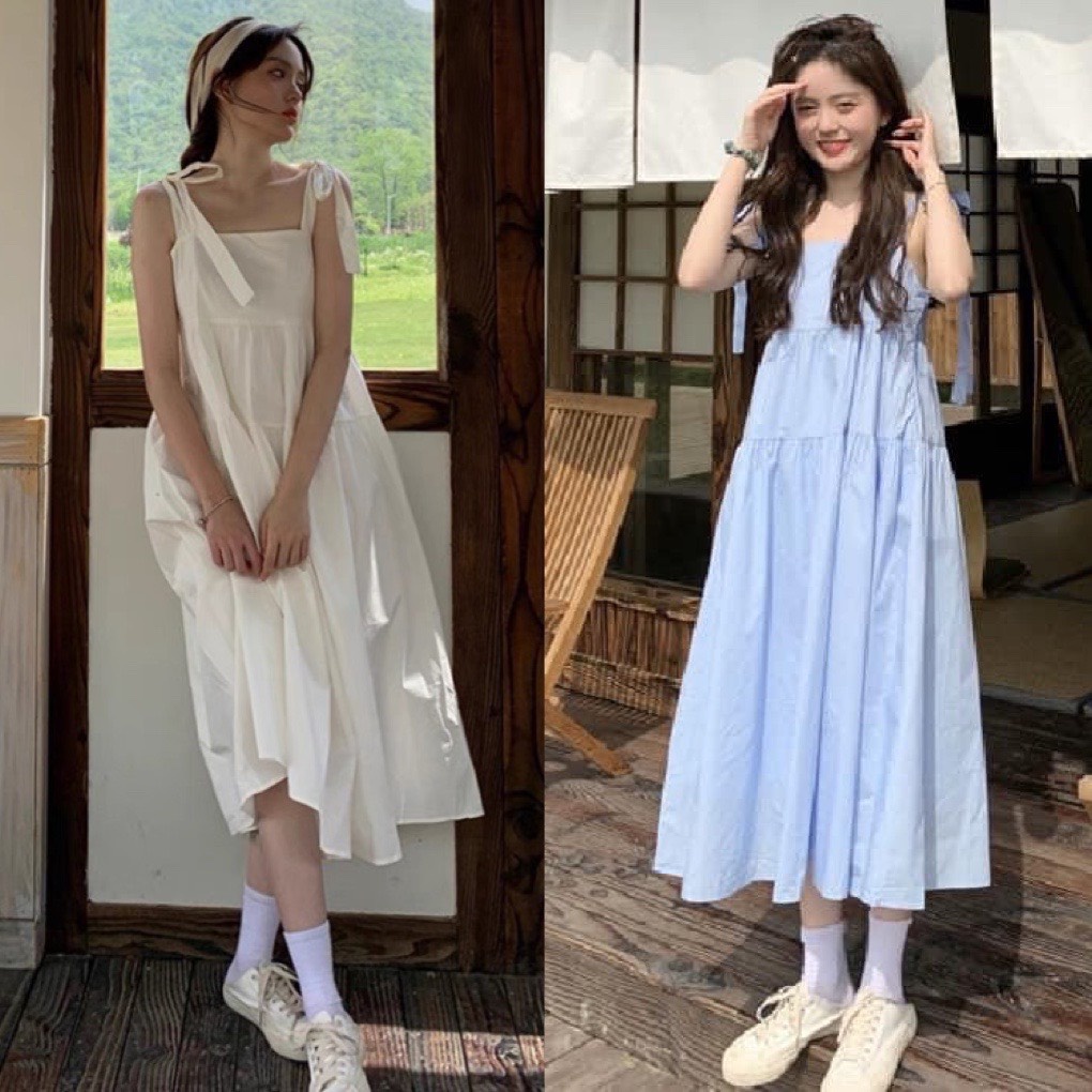 Váy trắng 2 dây xòe viền ren dáng dài rộng babydoll, váy maxi hai dây trắng  suông dài form rộng đi biển phối ren | Shopee Việt Nam