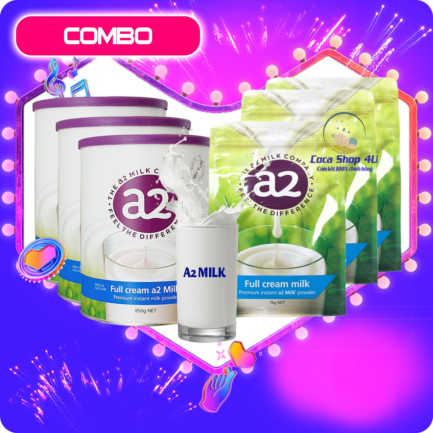 ComboI Sữa A2 Úc - Sữa Tươi Dạng Bột Nguyên Kem Cho Trẻ Từ 2 Tuổi CHÍNH