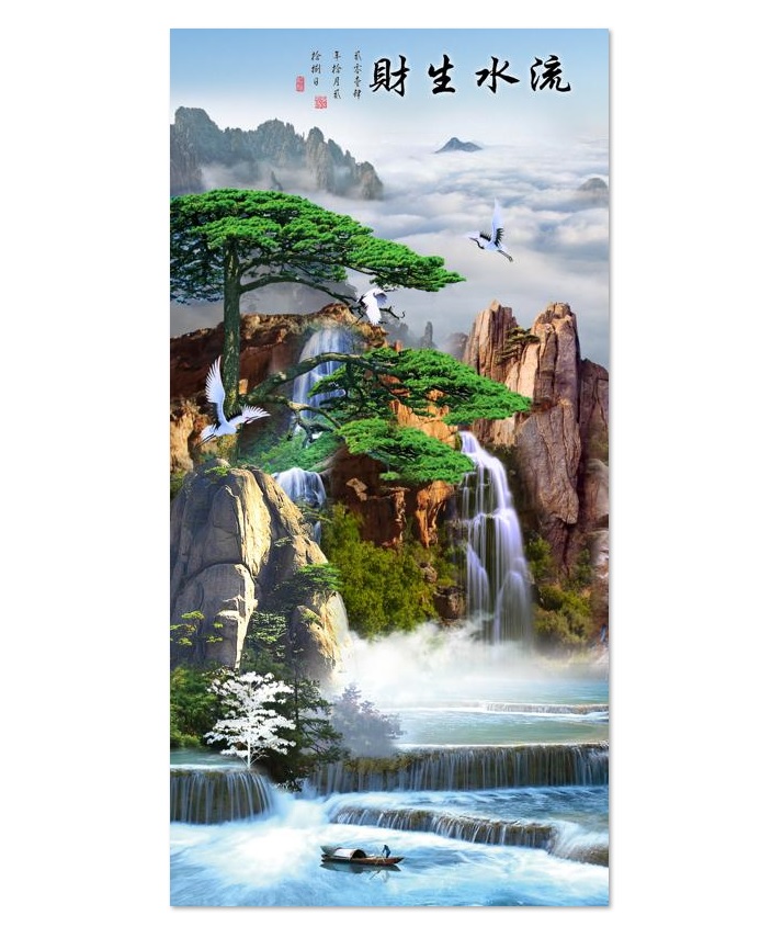 Tranh dán tường khổ dọc VTC Nước chảy sinh tài UD1209 kim sa nhiều mẫu và kích thước