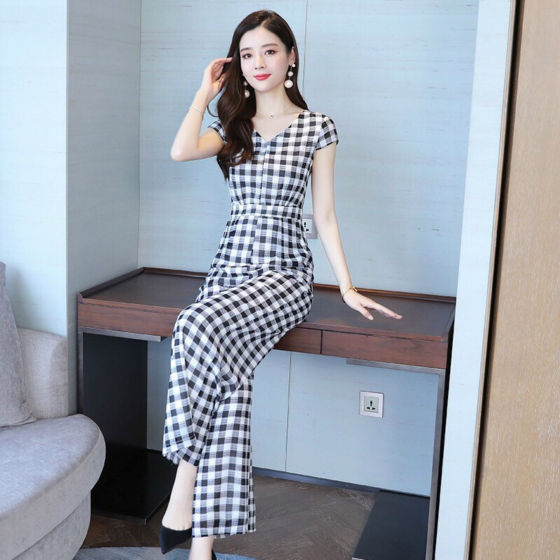 jumpsuit caro cổ V tay con-TD#damnu