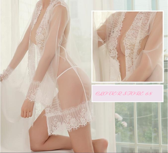 Đồ lót ren nữ gợi cảm kèm áo choàng có tay  - Váy lưới áo choàng đêm váy ba mảnh - Đồ ngủ gợi cảm châu Âu và Mỹ