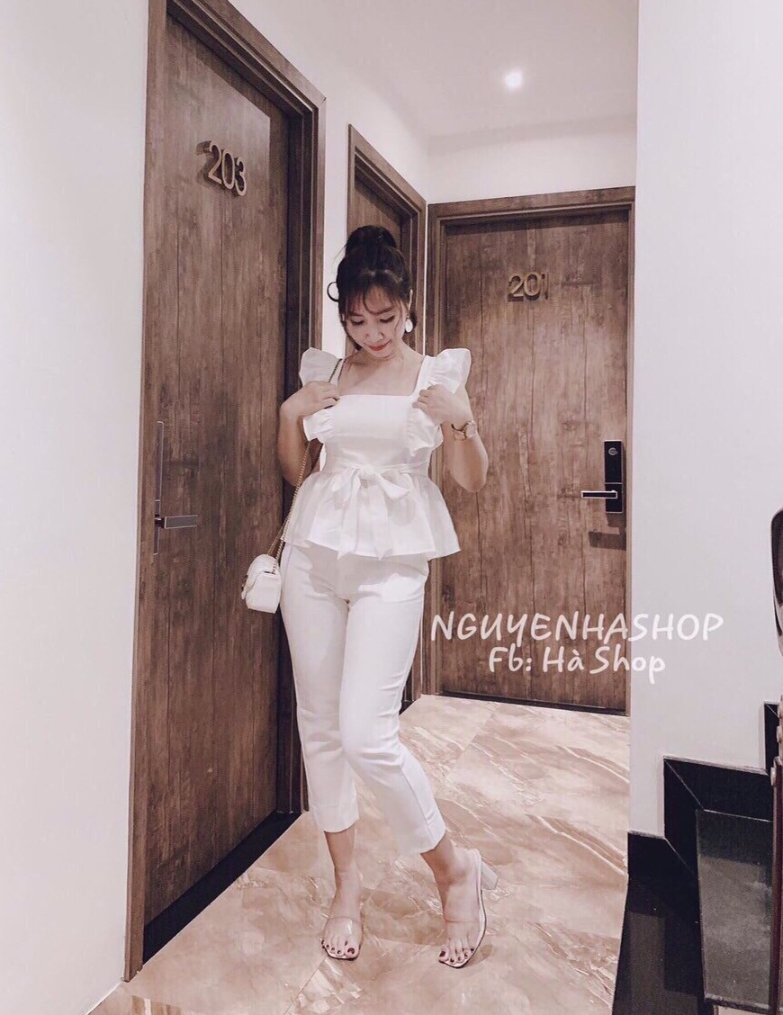 Set áo bèo cánh tiên buộc nơ eo và quần dài