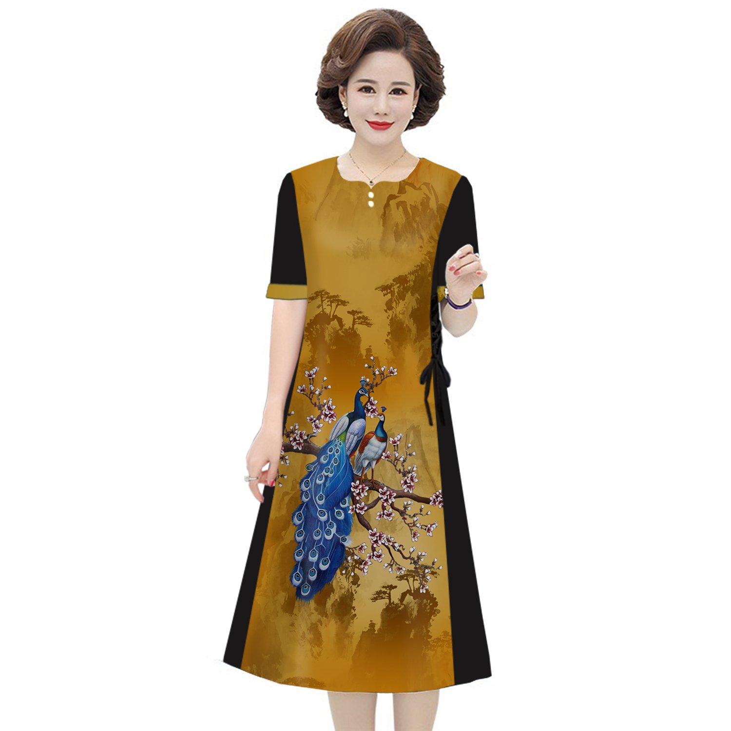 XUKA - ĐẦM SUÔNG DỰ TIỆC TRUNG NIÊN KIỂU ĐẦM SUÔNG CỔ TIM ĐÍNH HẠT THẮT NƠ 2 BÊN EO THANH LỊCH - THỜI TRANG QUÝ BÀ U50 U60 3336 3347 3346