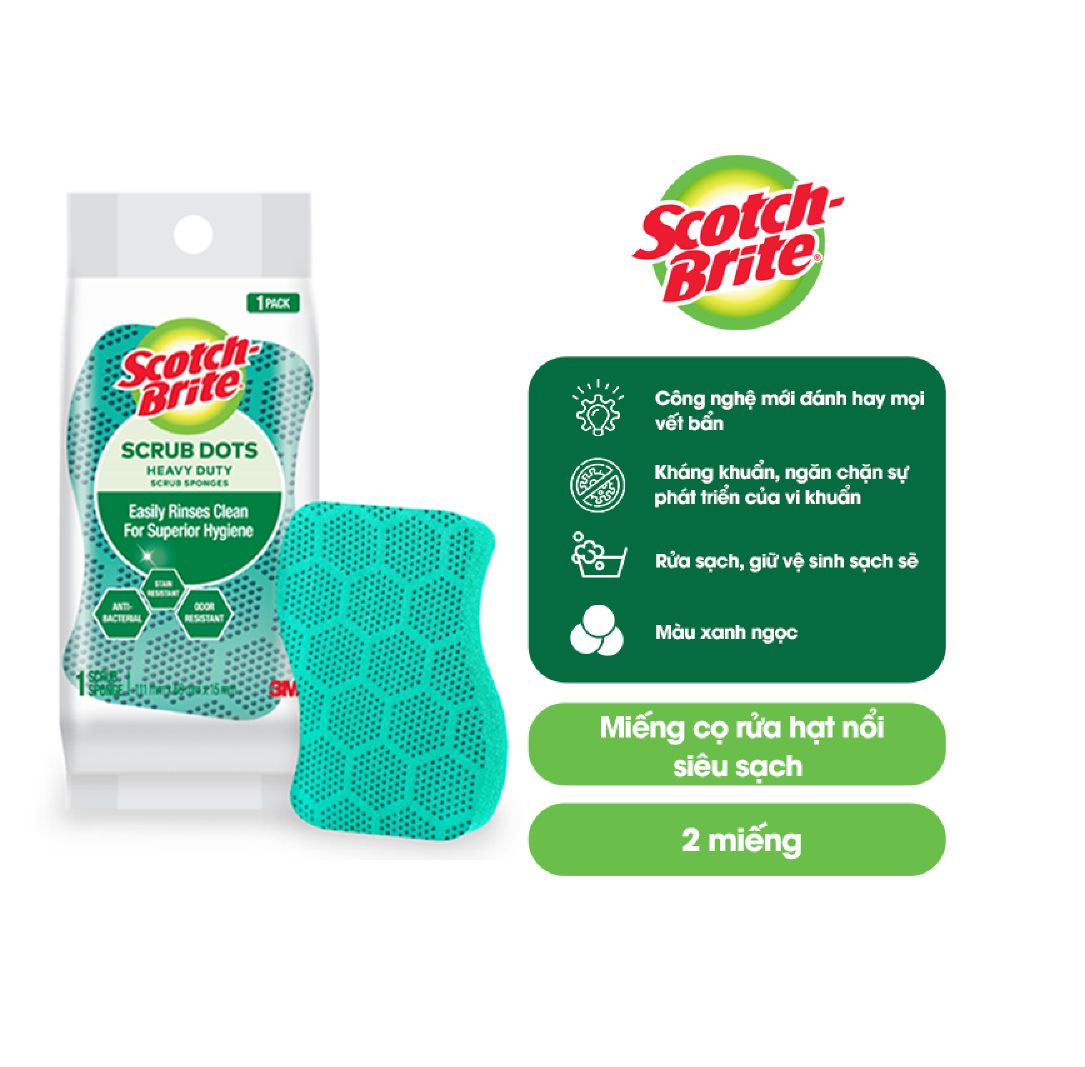 Combo 2 Miếng rửa chén Scotch Brite (Cót rai) 3M 2950 hạt nổi Siêu sạch màu xanh ngọc - PuDa Mall, CR-HNSS-G2, siêu bền, kháng khuẩn