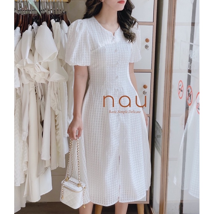 Đầm tay phồng phối nút bọc xẻ tà 5 màu