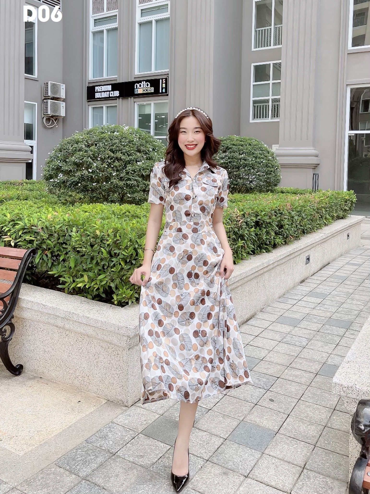 Đầm xoè lụa hoa vintage cổ sơ mi D06