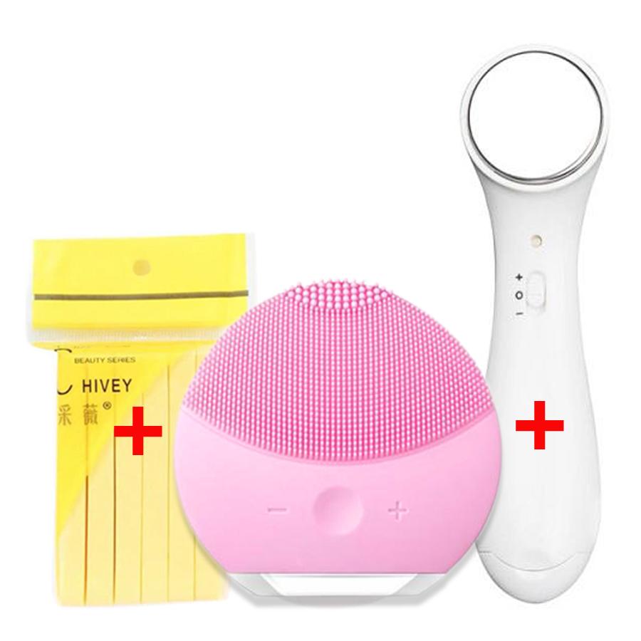 Bộ dụng cụ chăm sóc da mặt đầy đủ 3 món gồm: Máy rửa mặt + Mút rửa mặt bọt biển + Máy massage ion đẩy tinh chất - Set chăm sóc da mặt cơ bản