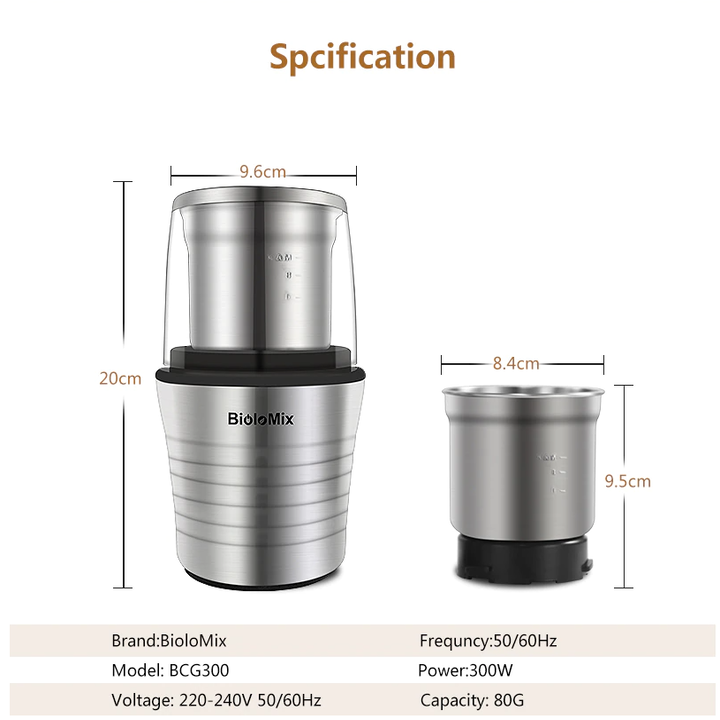 Máy xay hạt cà phê và gia vị 2 trong 1 Biolomix BCG300 công suất 300W - Bảo hành 12 tháng