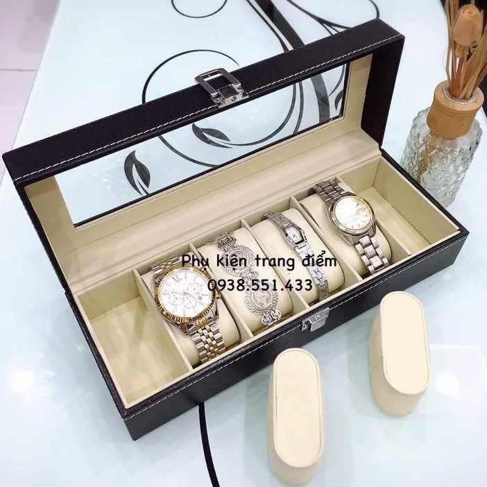Hộp Đựng Đồng Hồ 6 Ngăn Vỏ Da Có Nắp Kính Chống Bụi Cao Cấp