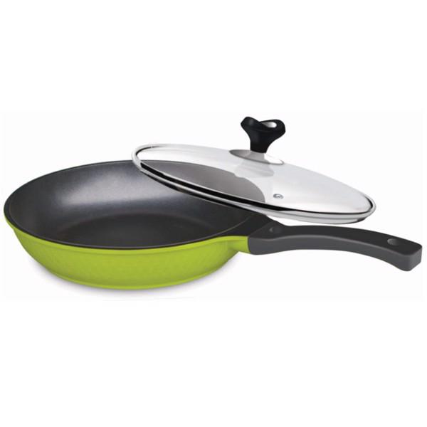 Chảo đúc cao cấp tròn sơn đen SATO ST-T280TK 28cm (Có vung kính)