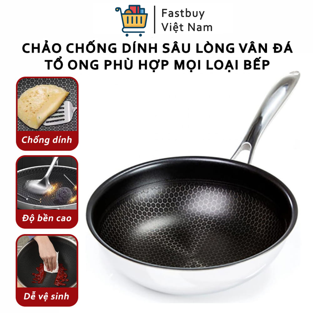 Chảo Siêu Chống Dính Đường Kính 32Cm , Vân Đá Tổ Ong Hàn Quốc, Dẫn Và Giữ Nhiệt Tốt , Vỏ Ngoài  Có Cấu Trúc Inox 430 Bắt Từ Dùng Được Cho Mọi Loại Bếp Siêu Tiện Lợi + Tặng Kèm 1 Khăn Lau Tay Nhà Bếp