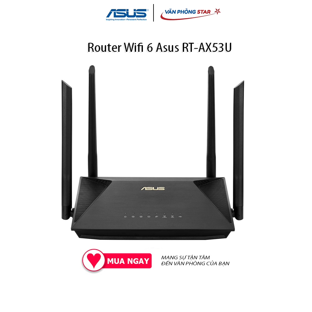 Router wifi 6 asus rt-ax53u băng tần 2.4 ghz / 5 ghz chuẩn kết nối: 802.11 a/b/g/n/ac/ax 2.4ghz 574mbps 5.0ghz:1201mbps