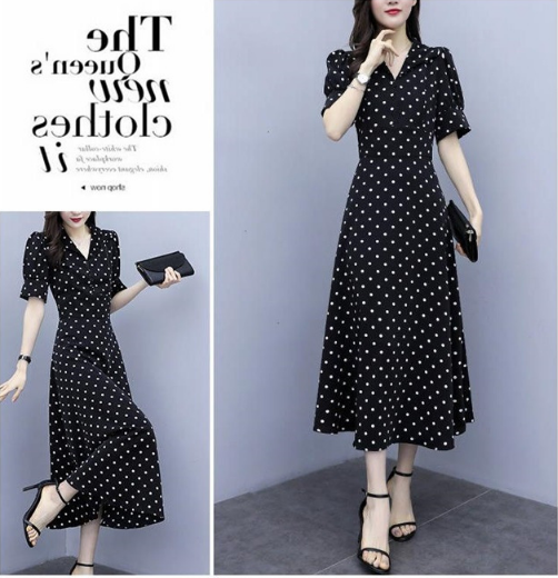[Sale TẾT 3 Ngày] Đầm nữ maxi họa tiết đen chấm bi, tay lỡ