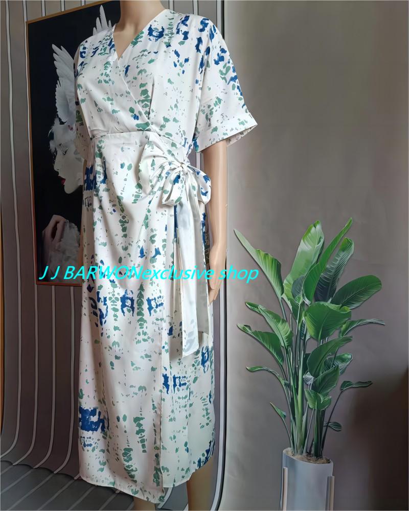 韩国别致J J BARWON夏季复古V领花色印花一片式系带收腰显瘦短袖连衣裙