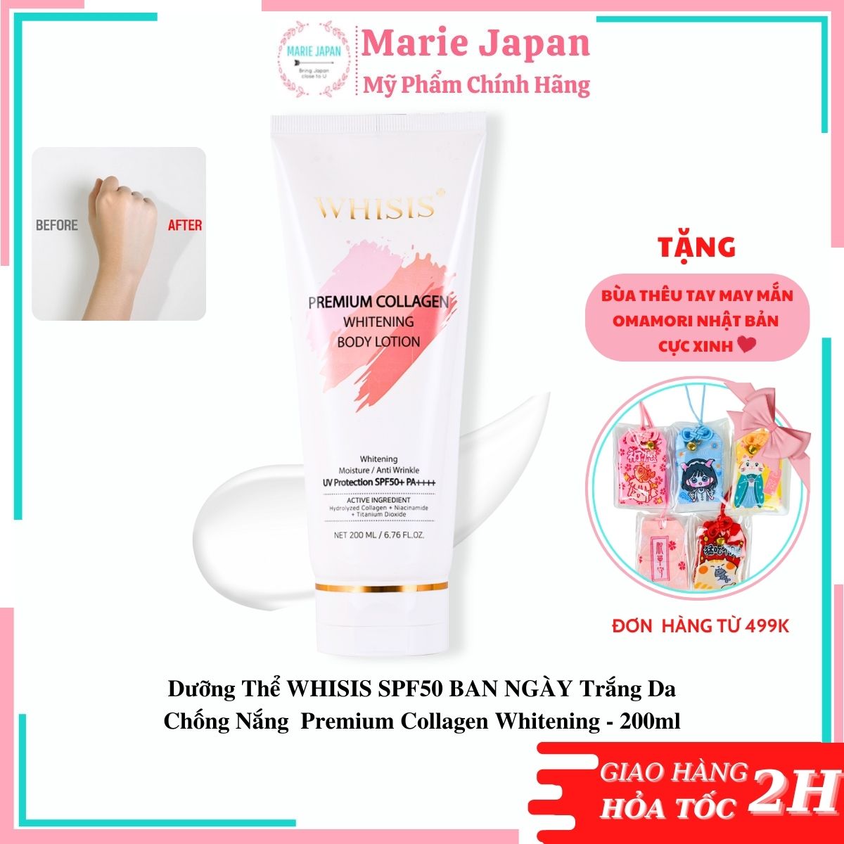 Dưỡng Thể WHISIS SPF50 BAN NGÀY Trắng Da Chống Nắng  Premium Collagen Whitening 200ml