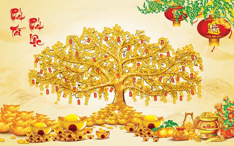 Tranh dán tường VTC cây tiền vàng phát tài phát lộc UD0877 kim sa
