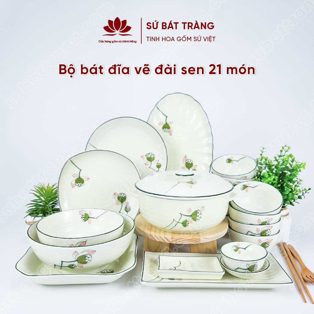 Bộ bát đĩa vẽ đài sen cao cấp Bát Tràng