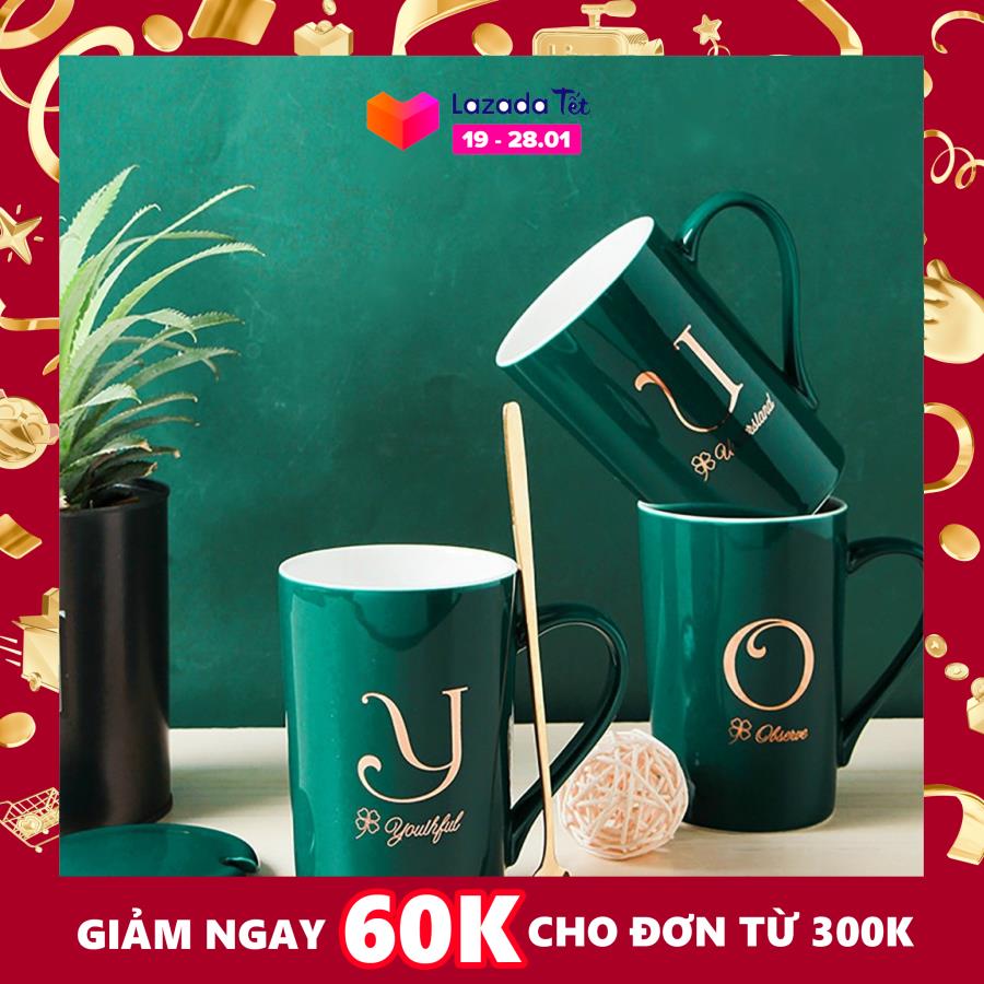 Ly cốc sứ Dáng cao có nắp xanh cổ vịt in chữ vàng kim