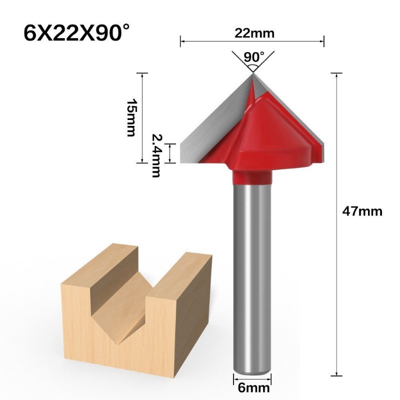 Mũi phay cnc gỗ alu vát chữ v 90 120 150 độ cốt 6mm đỏ msvd-6