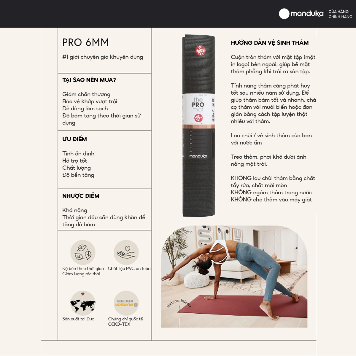 Thảm tập yoga Manduka – PRO 6mm (180 x 66cm)