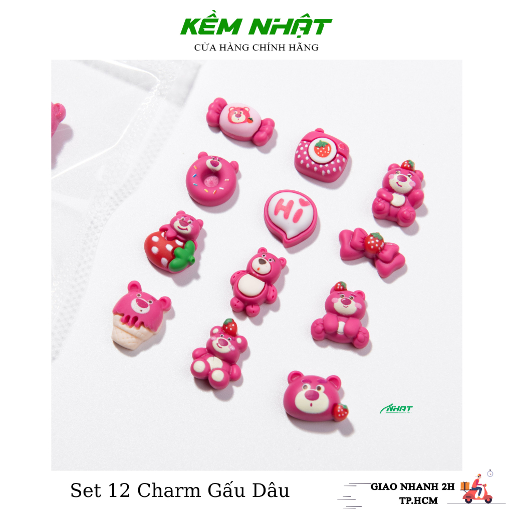 Set 12 Charm Gấu Dâu Đính Móng Siêu Hot