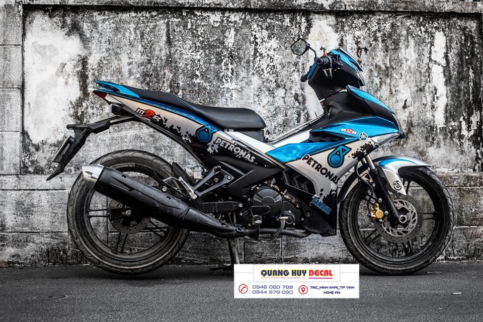 Tem trùm xe máy Exciter 150 xanh trắng - tem xe máy ex150 thiết kế theo yêu cầu - Tem xe máy ex 150 rẻ đẹp và chất
