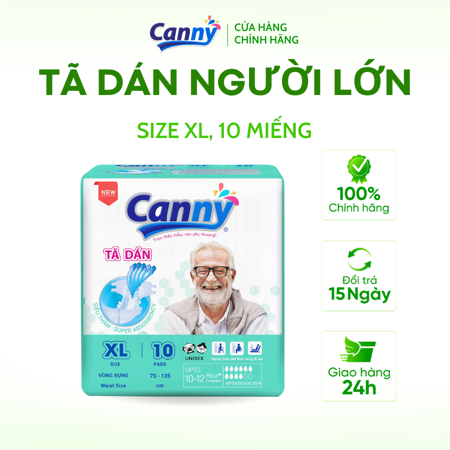 Tã Dán Người Lớn Canny Siêu Mềm, Siêu Thấm, Kháng Khuẩn Size M/L/XL (10 Miếng)