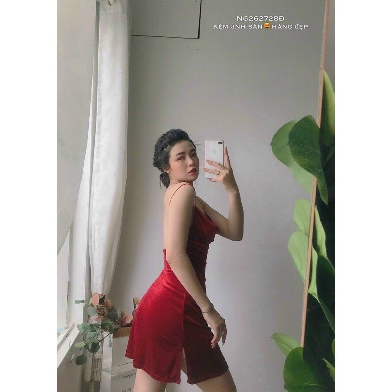 đầm 2 dây nhung cổ đổ hở lưng sexy