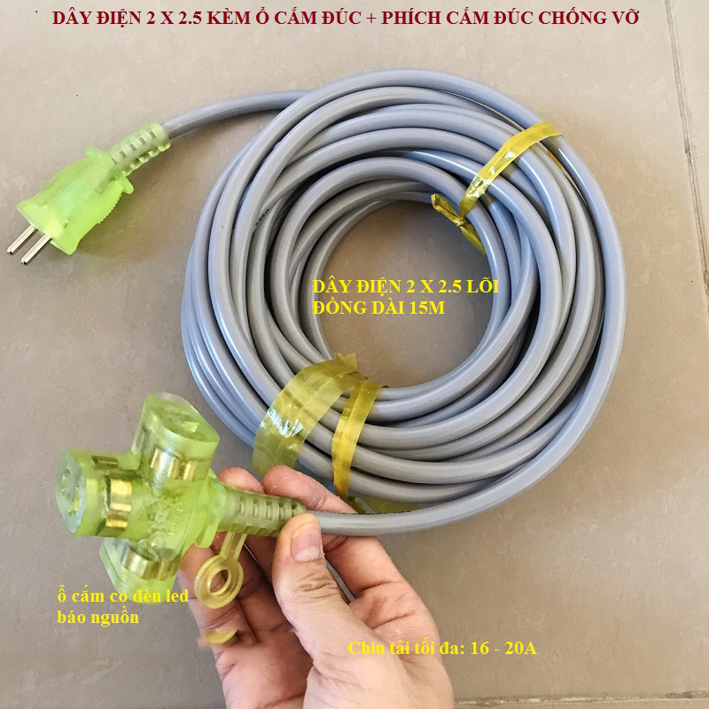 Cuộn dây điện 15m lõi đồng 2 x 2.5 + ổ cắm đúc có đèn báo sáng + phích cắm không vỡ - siêu chặt - siêu bền - sử dụng an toàn