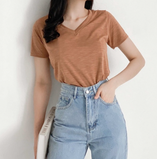 Áo thun trơn tay lỡ basic nữ, áo phông cổ V đẹp đi học ulzzang thời trang