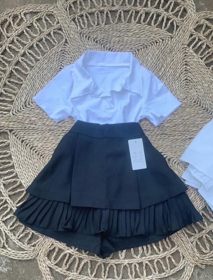 Set váy xếp li tầng + croptop petter trơn