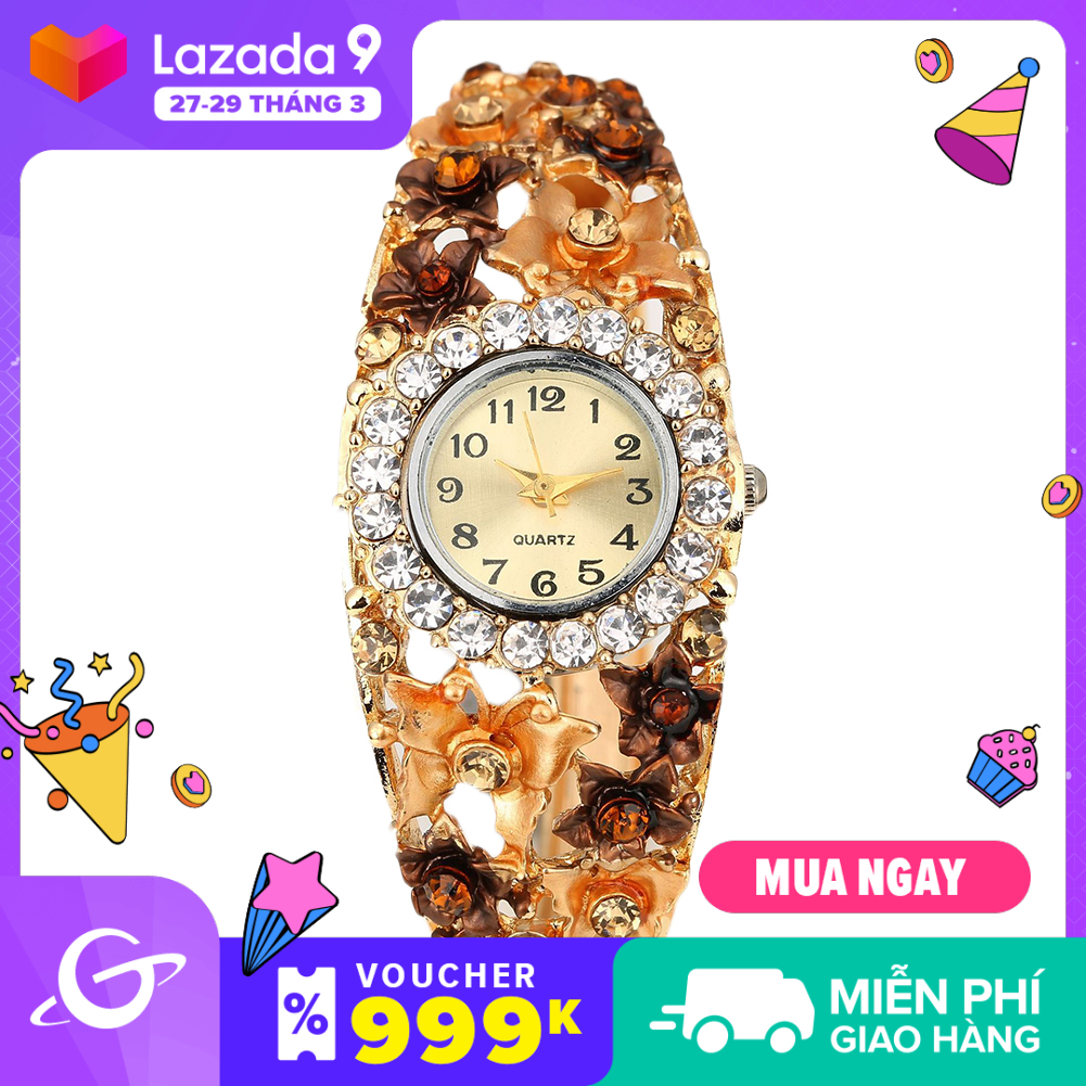 Women Rhinestone Flower Round Dial Arabic Number Analog Quartz Bracelet Watch