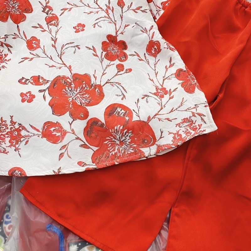 [8-30kg] Áo dài cách tân bé gái hoa mai,áo lụa quần lụa satin kèm mấn