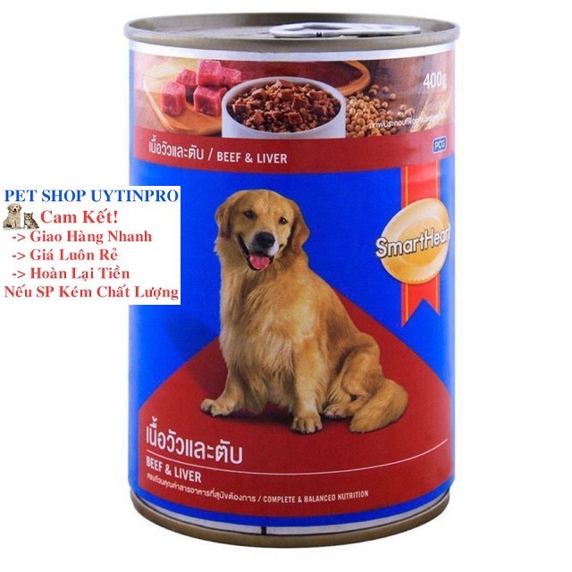 [Hoàn tiền 10%]  THỨC ĂN CHO CHÓ LỚN Smartheart Dạng Pate vị bò và gan Lon 400g Xuất xứ Thái Lan - Pet shop Uytinpro